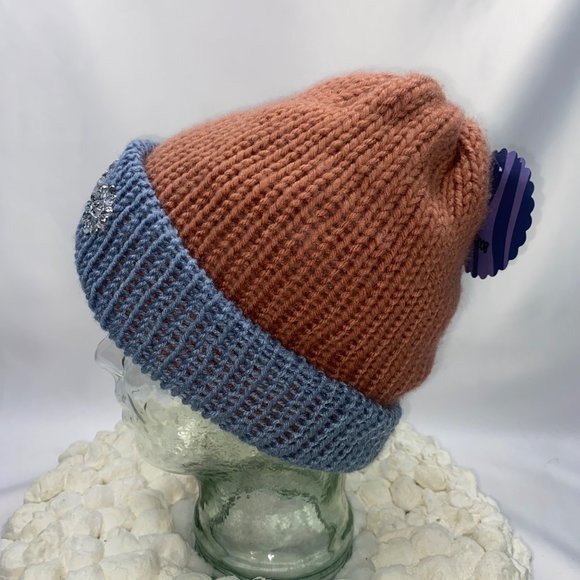 Plasma Beams Hand Knitted Mauve & Blue Daisy Beanie main image 4